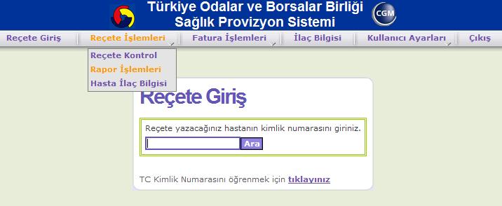 Resim 5.2.1 Rapor işlemleri menü ekranı