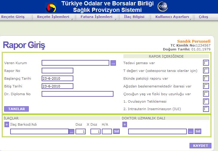 Resim 5.2.3 Rapor giriş ekranı